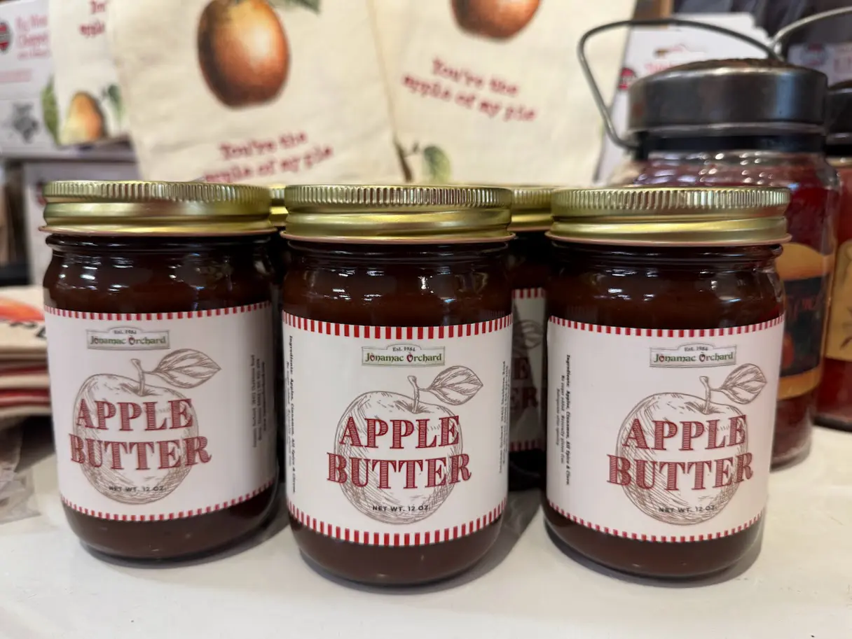 Jars of JoJoMac Orchard apple butter on display.