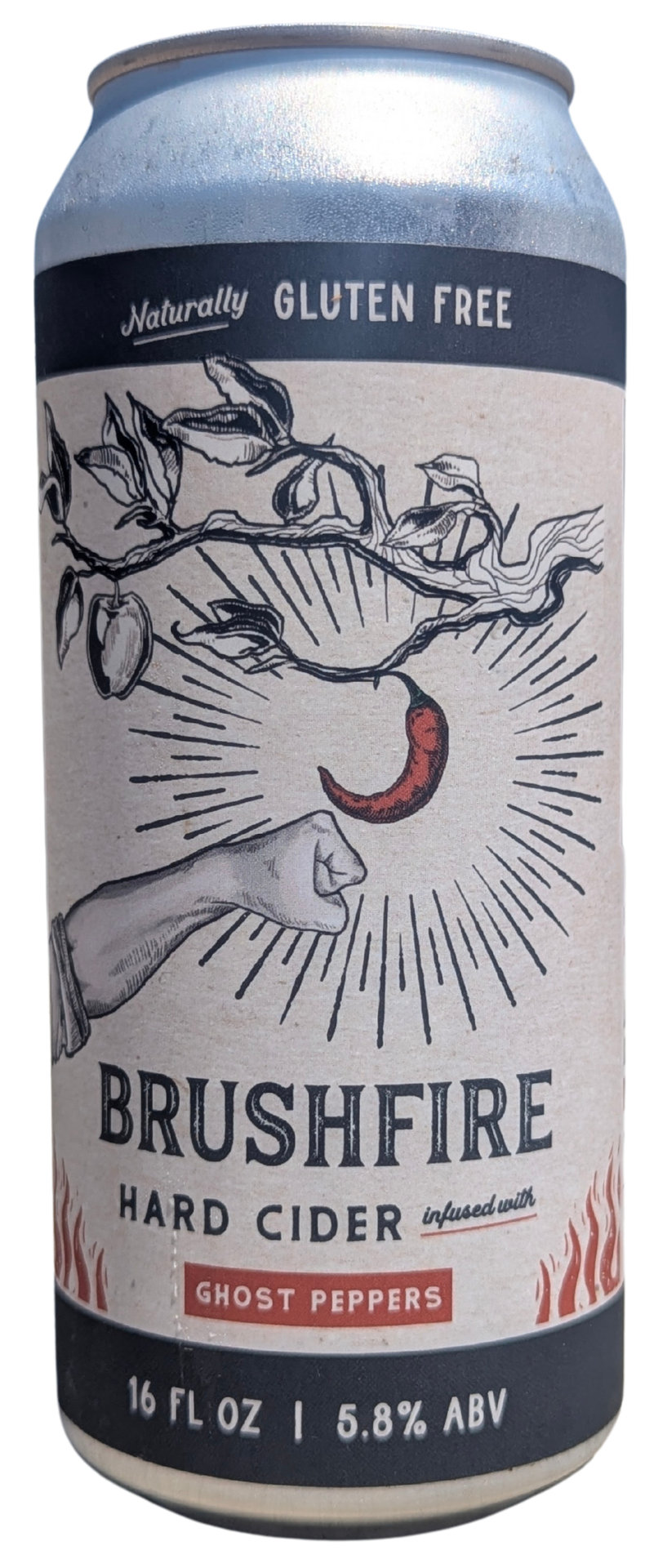 Brushfire ghost pepper hard cider can, gluten-free.