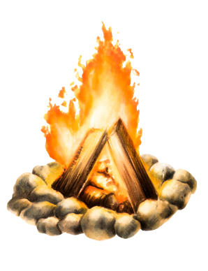 Illustration of a campfire with burning logs and stones.