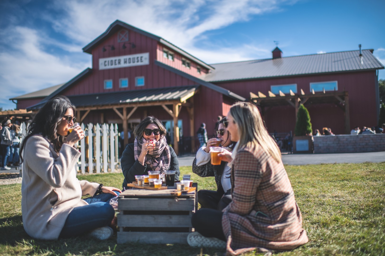 Friends enjoying drinks at outdoor cider house.