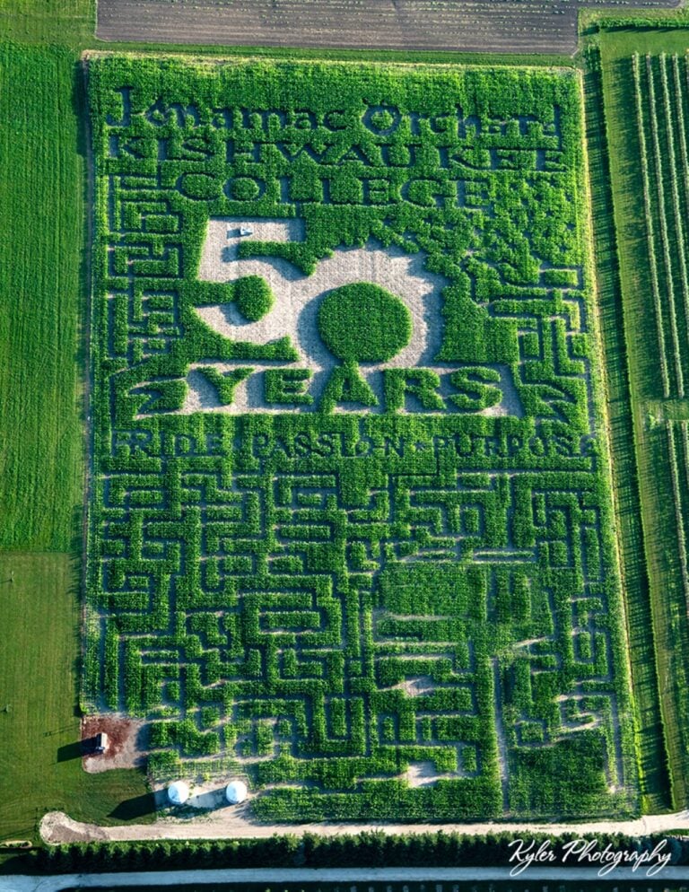 Aerial view of college anniversary corn maze.