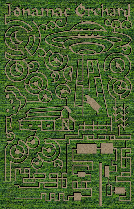 Corn maze with UFO and farm theme