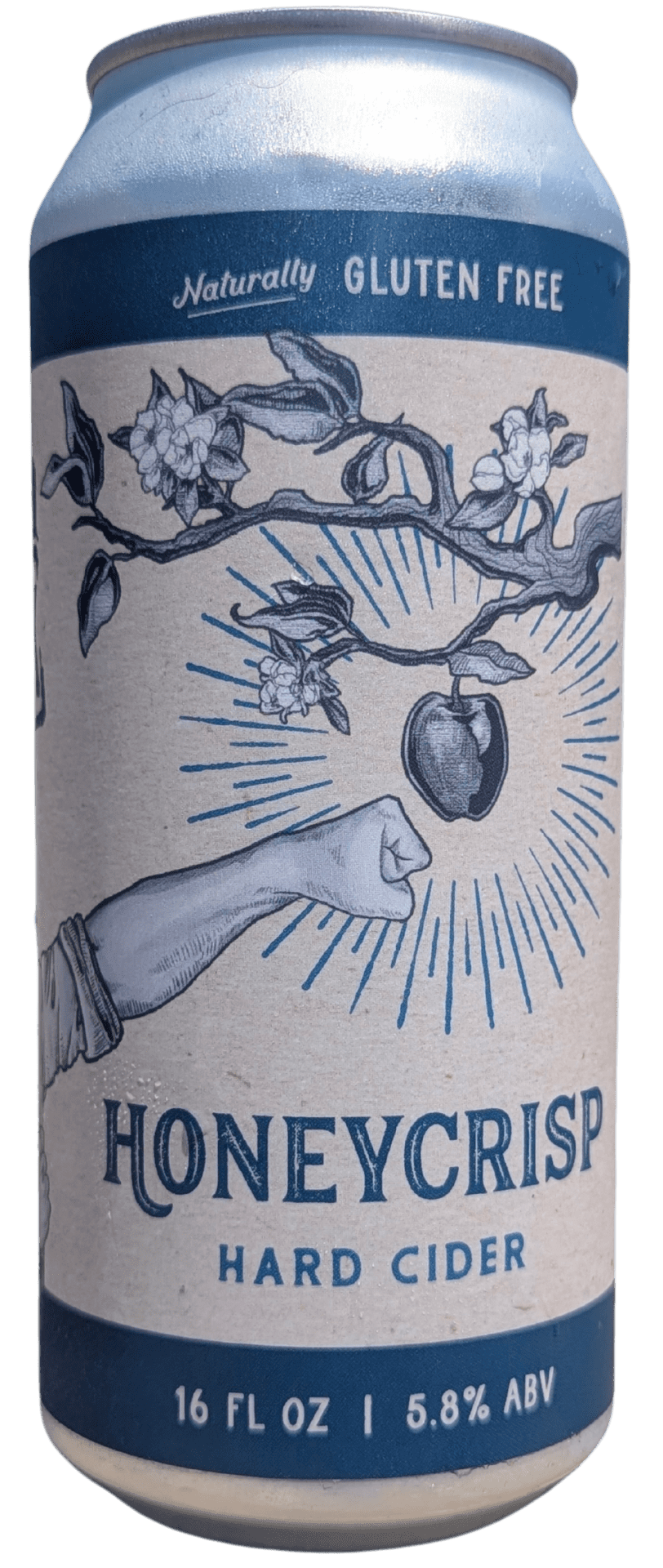 Honeycrisp hard cider can, gluten-free, 5.8% ABV.