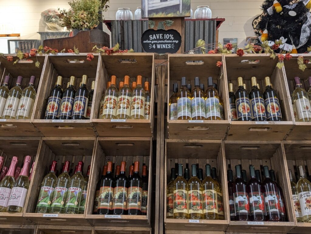 Assorted wines in wooden crates on display