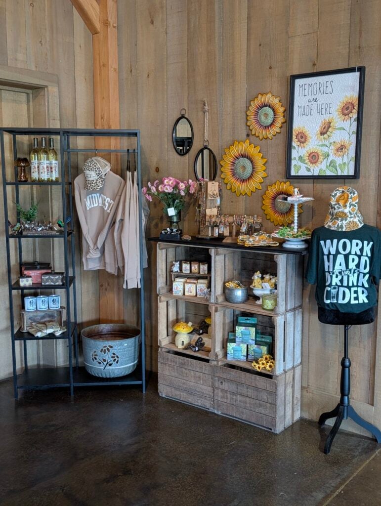 Rustic store interior with clothing and decor items