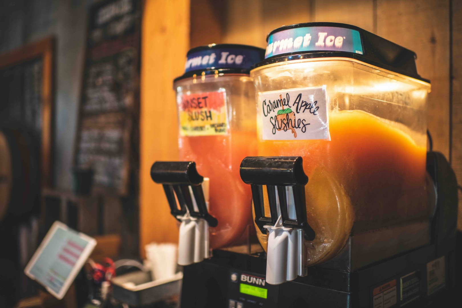 Slushie machines with fruit-flavored drinks